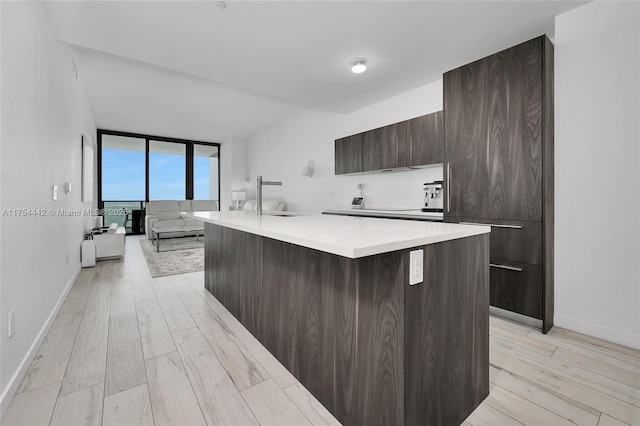 kitchen featuring dark brown cabinetry, light wood-style flooring, expansive windows, light countertops, and a sink