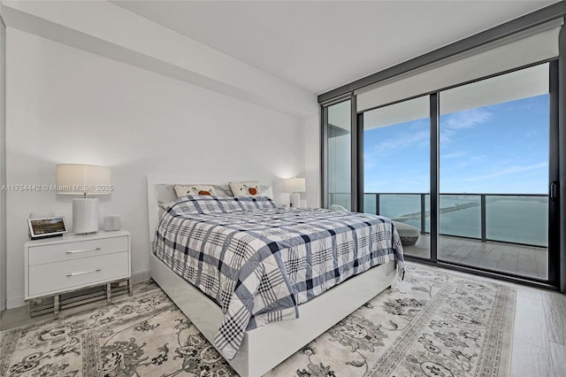 bedroom featuring baseboards, a wall of windows, and access to exterior