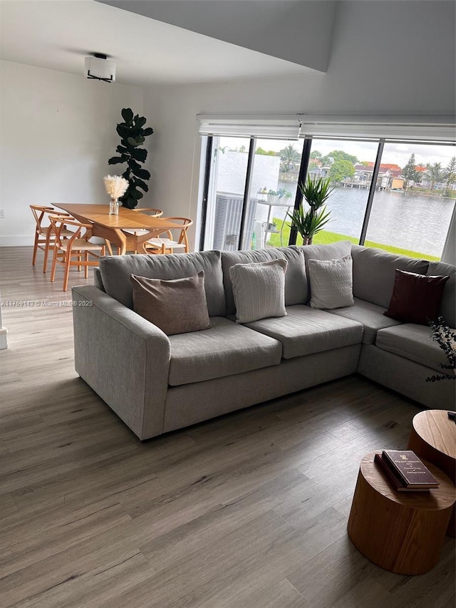 living room with a water view, vaulted ceiling, and wood finished floors