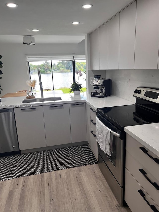 kitchen featuring stainless steel appliances, light wood-style flooring, and modern cabinets