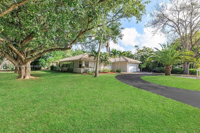 single story home featuring a garage, driveway, and a front yard