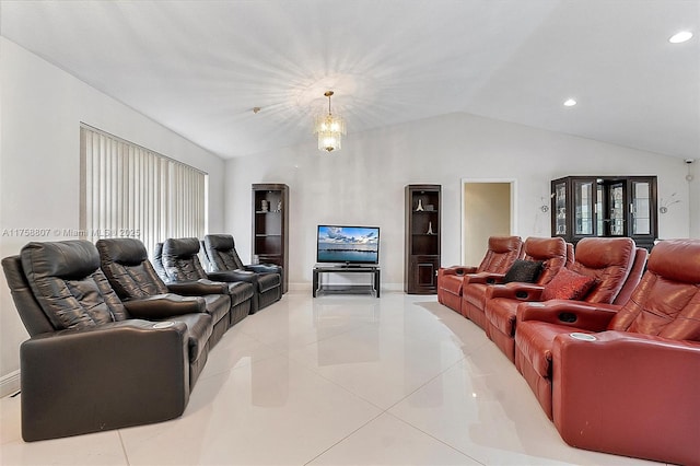 living room featuring recessed lighting, vaulted ceiling, and light tile patterned floors