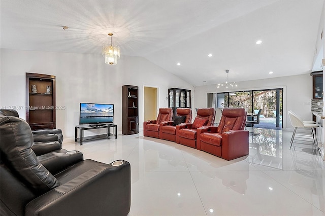 living room with a chandelier, lofted ceiling, and recessed lighting