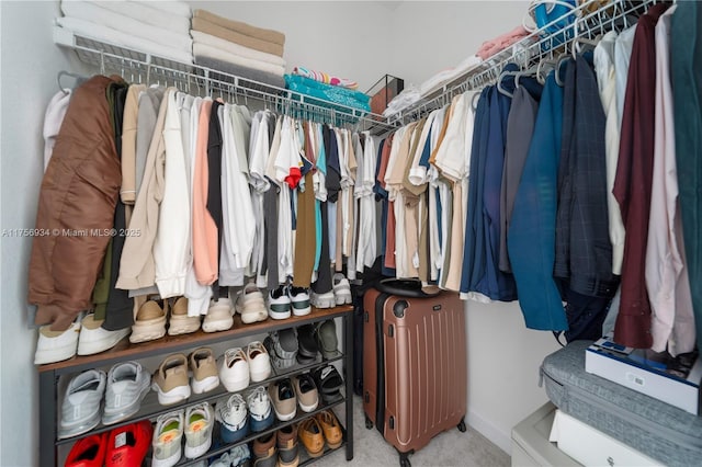 walk in closet featuring carpet flooring