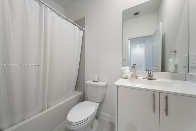 full bathroom with shower / tub combo, visible vents, toilet, tile patterned flooring, and vanity