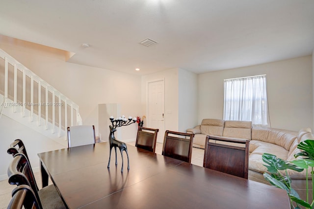 dining space featuring stairs, recessed lighting, baseboards, and visible vents