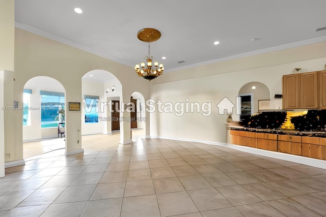 interior space with light tile patterned floors, recessed lighting, and ornamental molding