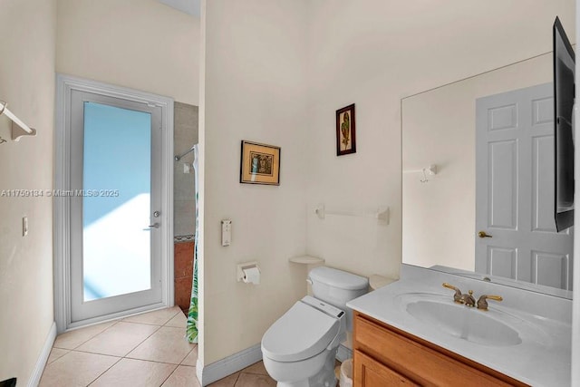 full bath with tile patterned flooring, toilet, vanity, and a shower with curtain