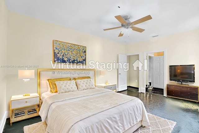 bedroom featuring baseboards and ceiling fan