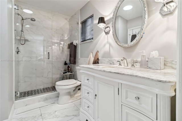 bathroom with a marble finish shower, marble finish floor, vanity, and toilet