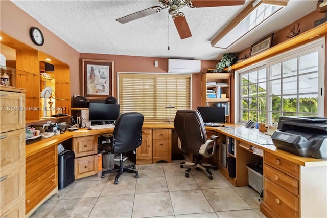 home office with a ceiling fan, light tile patterned floors, a textured ceiling, and a wall mounted AC