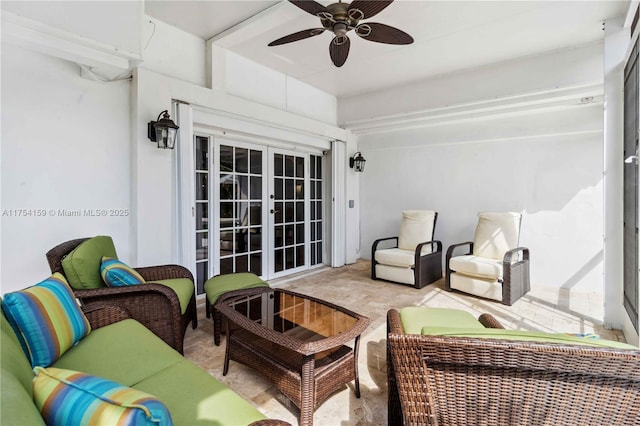 exterior space featuring french doors, outdoor lounge area, and ceiling fan