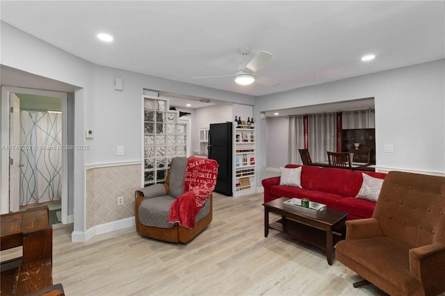 400 S 62nd Ter, Hollywood, FL 33023 - living room with light wood finished floors, a ceiling fan, a wainscoted wall, and recessed lighting
