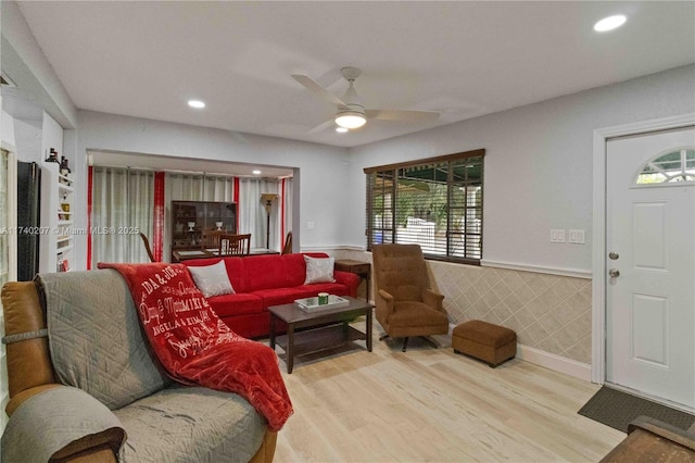 400 S 62nd Ter, Hollywood, FL 33023 - living area featuring recessed lighting, a wainscoted wall, ceiling fan, and wood finished floors