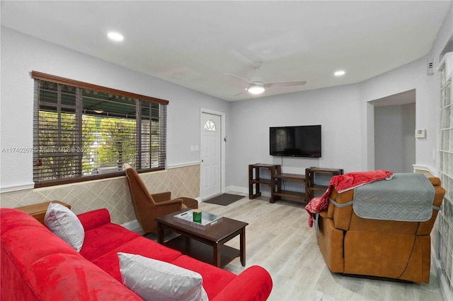 400 S 62nd Ter, Hollywood, FL 33023 - living area featuring a wainscoted wall, wood finished floors, a ceiling fan, and recessed lighting