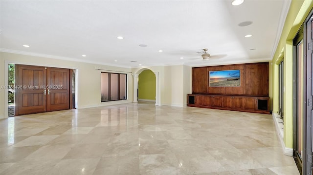 interior space featuring recessed lighting, arched walkways, and crown molding