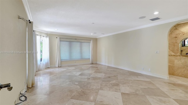 unfurnished room featuring crown molding, recessed lighting, baseboards, and visible vents