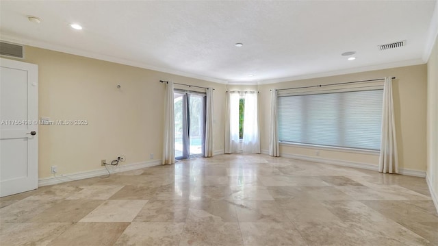 spare room featuring recessed lighting, baseboards, visible vents, and ornamental molding