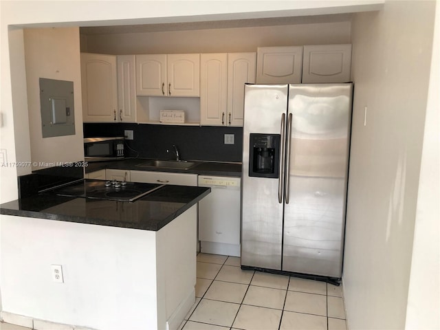 kitchen featuring a sink, electric panel, stainless steel fridge with ice dispenser, dishwasher, and dark countertops