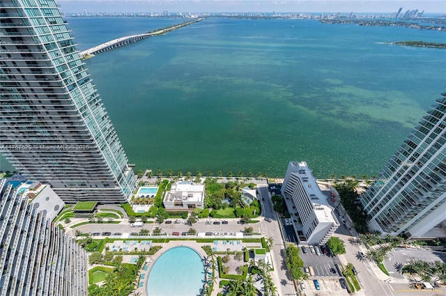 drone / aerial view featuring a water view