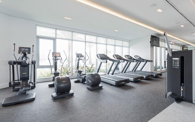 gym with expansive windows and baseboards