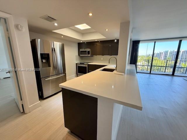 kitchen featuring light wood-style flooring, stainless steel appliances, a sink, light countertops, and expansive windows