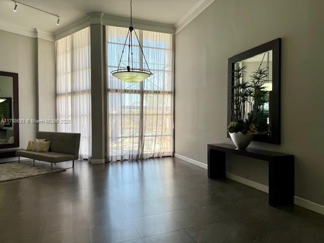 unfurnished dining area with rail lighting, baseboards, floor to ceiling windows, and ornamental molding