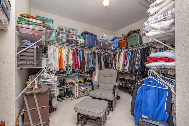 walk in closet with carpet flooring