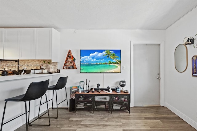 bar featuring baseboards, a textured ceiling, decorative backsplash, and light wood-style floors