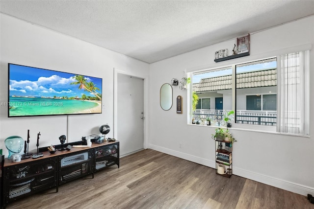 living room featuring a textured ceiling, baseboards, and wood finished floors