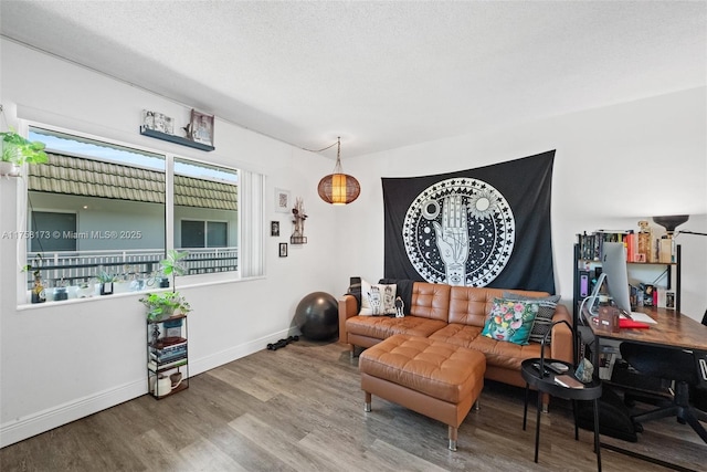 sitting room with a textured ceiling, baseboards, and wood finished floors