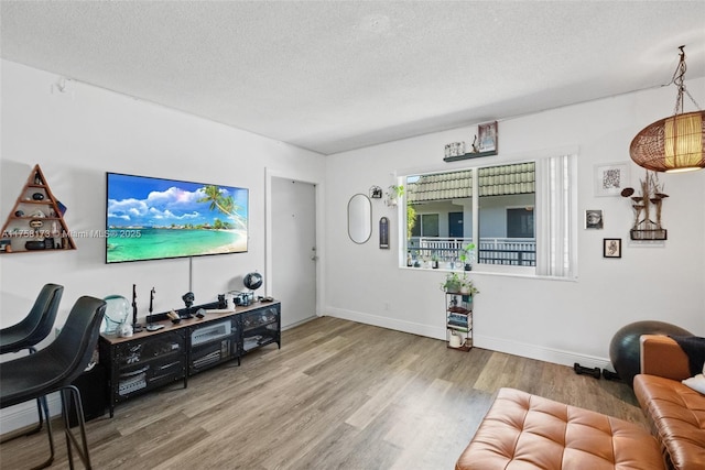 living room featuring a textured ceiling, baseboards, and wood finished floors