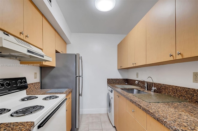 kitchen featuring white electric stove, washer / clothes dryer, under cabinet range hood, light brown cabinets, and a sink