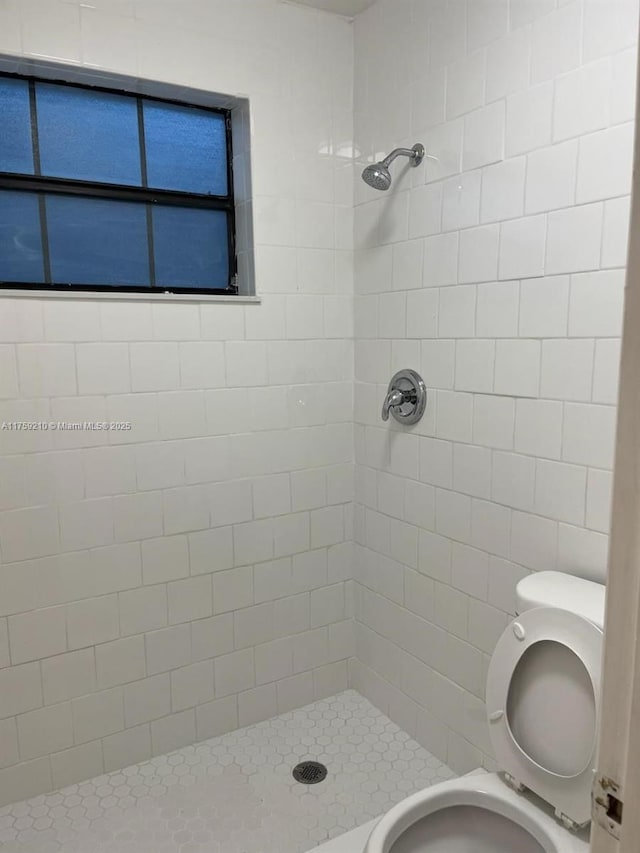 bathroom with a shower stall and toilet