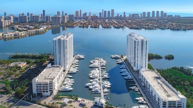 birds eye view of property featuring a view of city and a water view