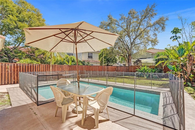 view of pool featuring a fenced in pool, a fenced backyard, and a patio