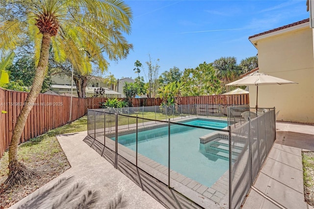 view of pool featuring a fenced backyard and a fenced in pool