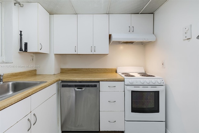 kitchen featuring white electric stove, under cabinet range hood, a sink, white cabinets, and stainless steel dishwasher