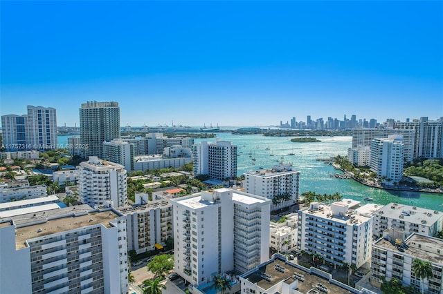 birds eye view of property with a city view and a water view