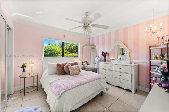 bedroom with wallpapered walls, light tile patterned floors, baseboards, ornamental molding, and a closet