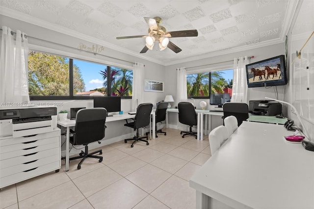 office featuring light tile patterned floors, ornamental molding, a ceiling fan, and baseboards