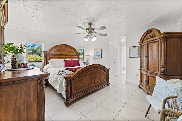 bedroom featuring ceiling fan, baseboards, a textured ceiling, and light tile patterned flooring