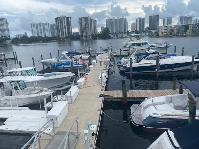 dock area with a water view and a city view