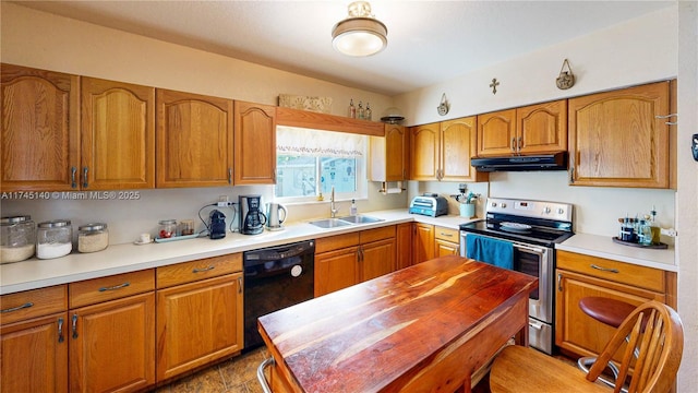 kitchen featuring brown cabinetry, dishwasher, stainless steel range with electric cooktop, under cabinet range hood, and a sink