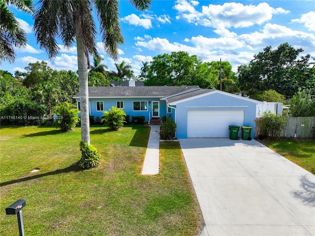 ranch-style home with a garage, concrete driveway, fence, a front lawn, and stucco siding