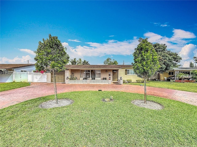 single story home with a porch, decorative driveway, and a front yard