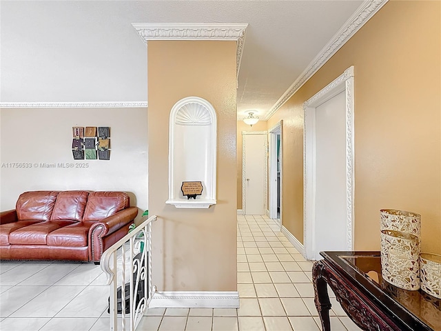 hallway featuring ornamental molding and tile patterned flooring