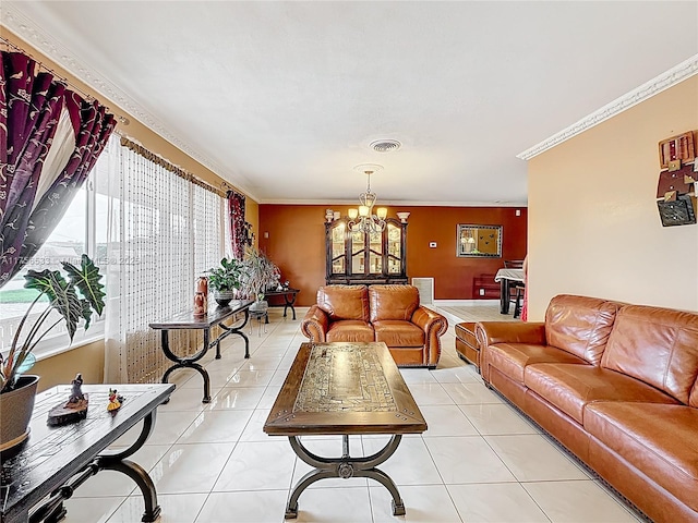 living area featuring light tile patterned floors, crown molding, visible vents, and a notable chandelier