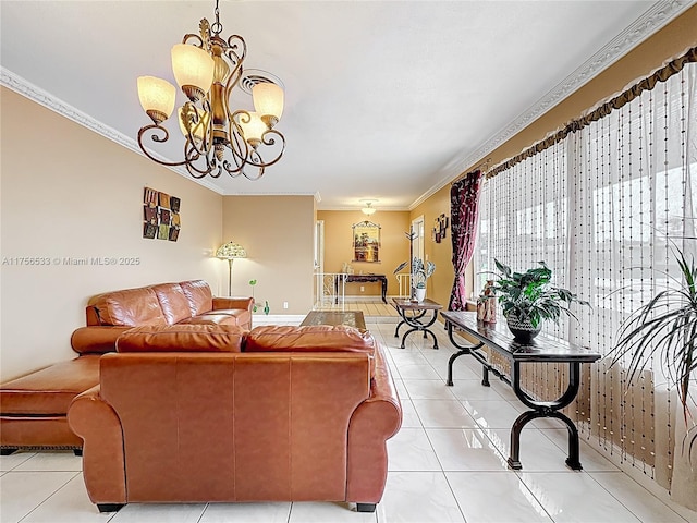 living area with ornamental molding, light tile patterned flooring, and a notable chandelier