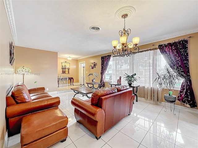 living area featuring light tile patterned floors, visible vents, crown molding, and an inviting chandelier